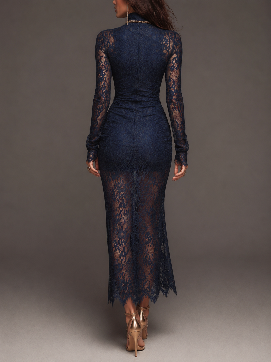 Ruched lace midi bodycon dress back view