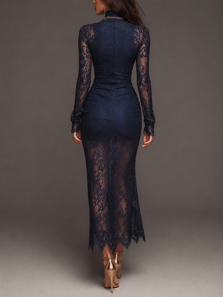 Ruched lace midi bodycon dress back view