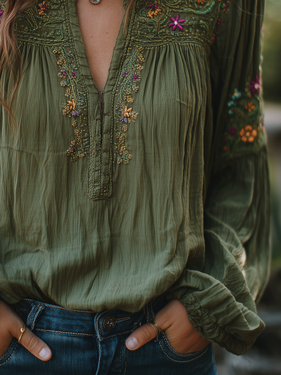 Olive green embroidered shirt styled look