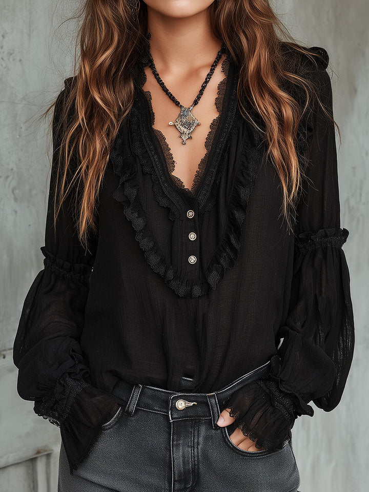 Vintage black ruffle long sleeve lace trim blouse front view