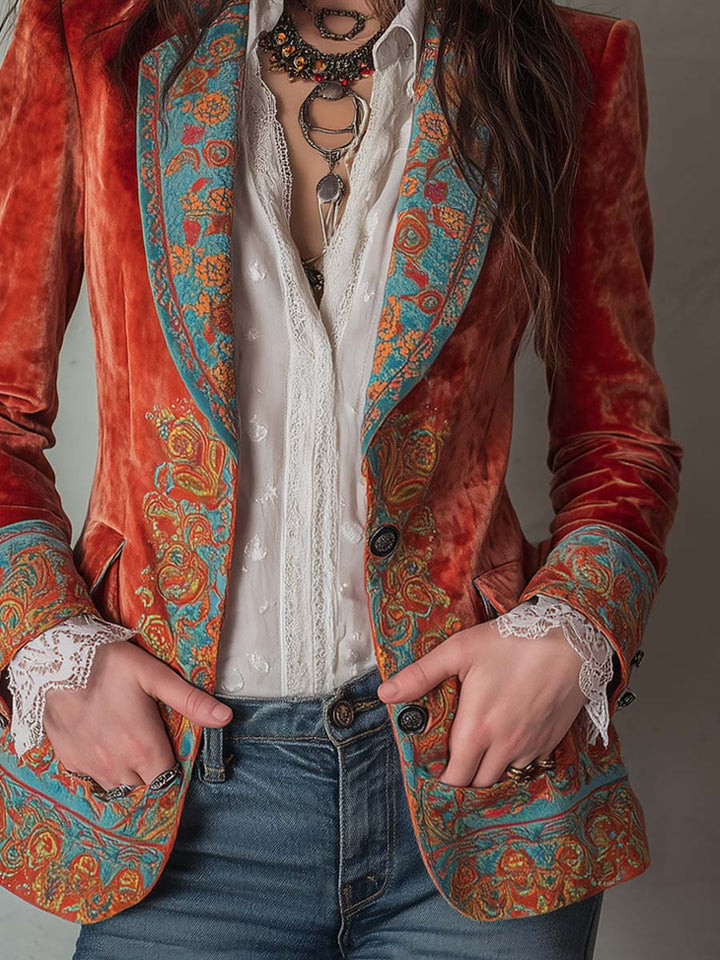 Velvet printed blazer detail view