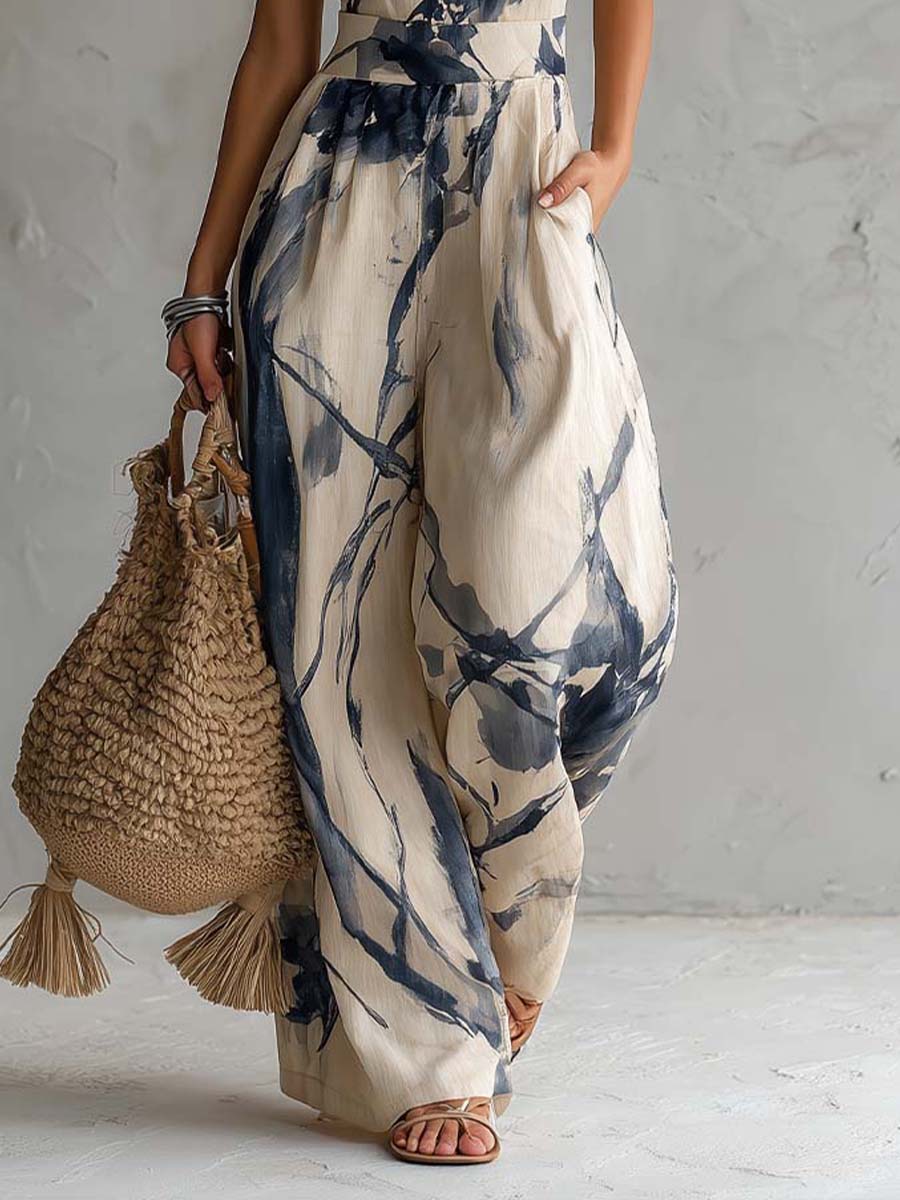 Ink wash halter jumpsuit styled outfit