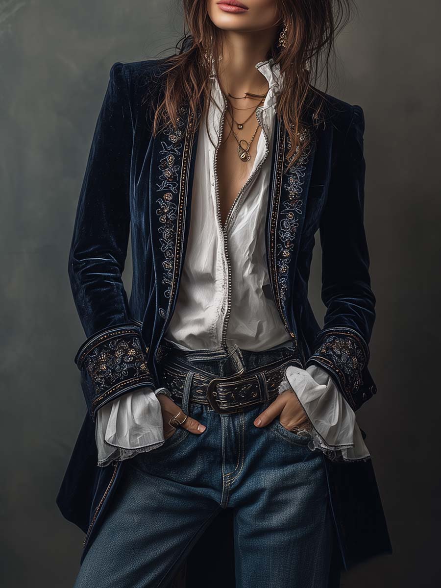 Navy velvet embroidered long jacket front view