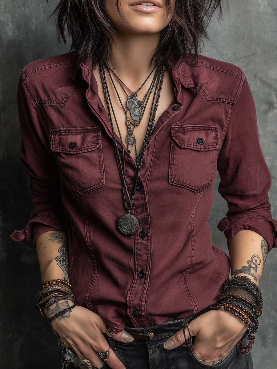 Retro flap chest pocket long-sleeve denim blouse front view