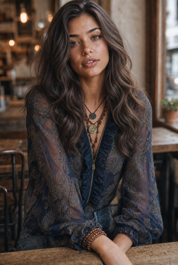 Navy ruffle zip chiffon blouse styled outfit