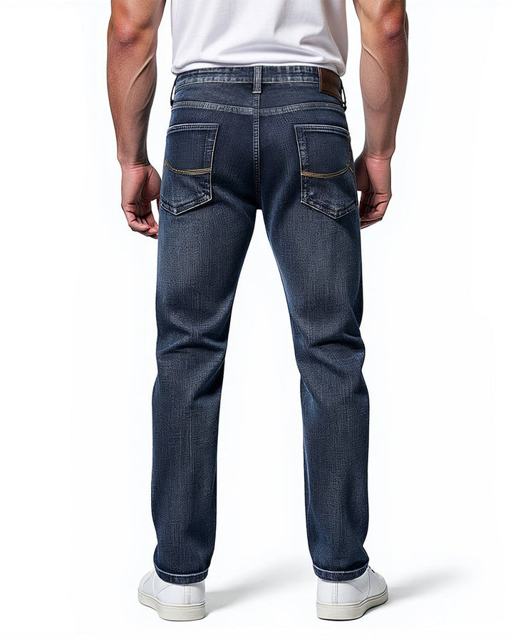 Avenue Slim Fit Jeans Dark Blue Mens Back View | The Ashwell