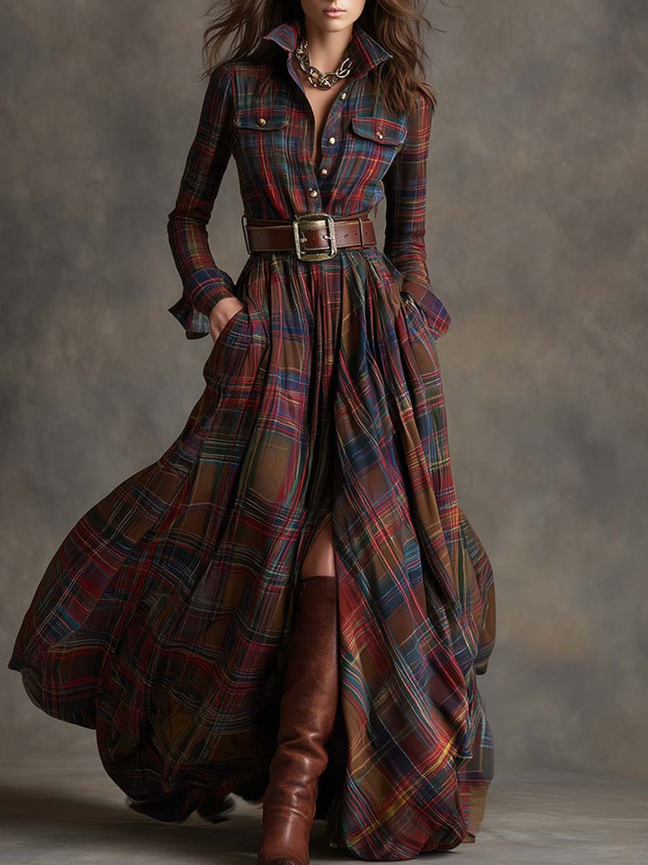 Evelyn reddish brown plaid shirt maxi dress – front