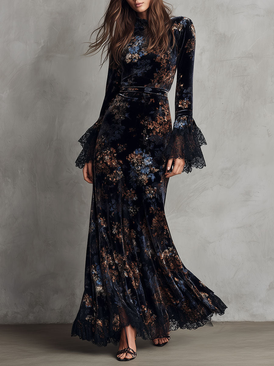 Midnight floral velvet gown lace bell sleeves front view