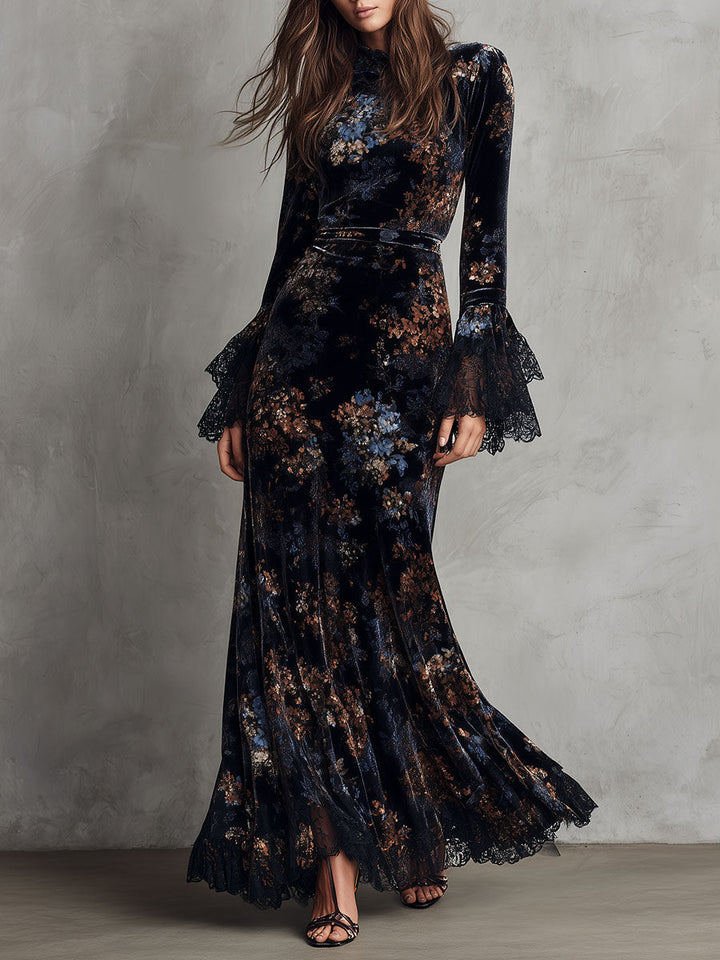 Midnight floral velvet gown lace bell sleeves front view