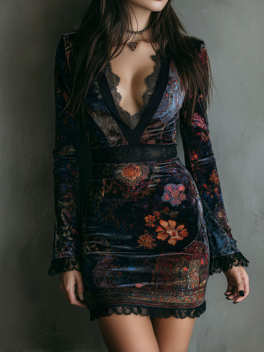 Boho floral velvet V-neck bodycon mini dress front view
