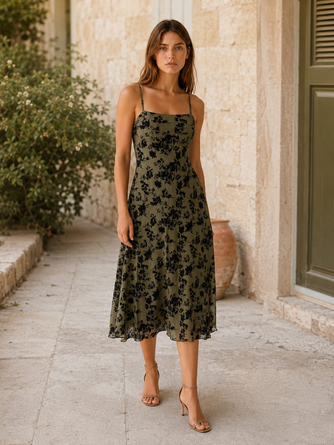 Green Floral Midi Dress with Square Neckline – back view
