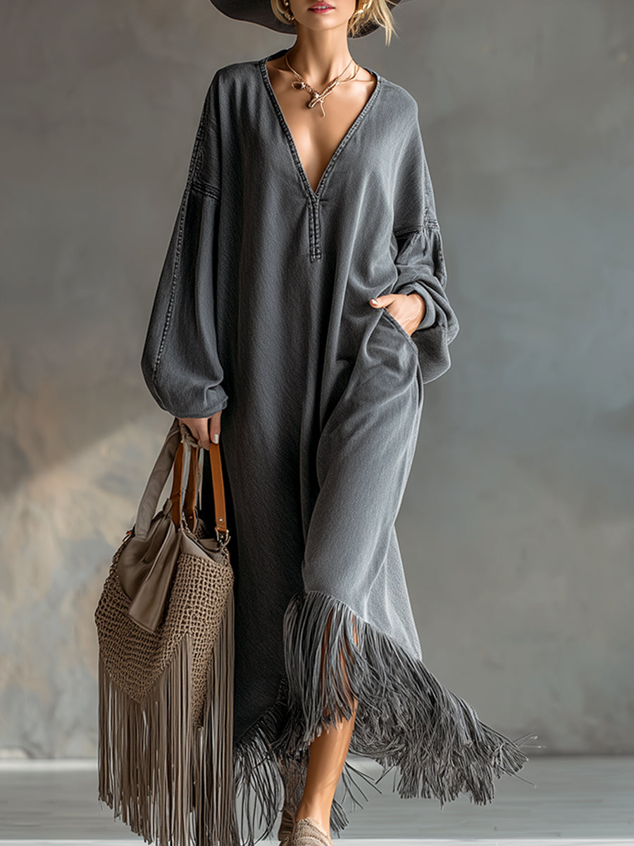 Martha elegant denim tassel maxi dress – front full-length view women