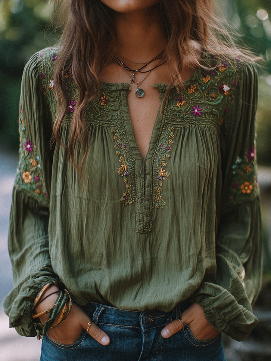 Floral embroidered cotton olive green shirt front view