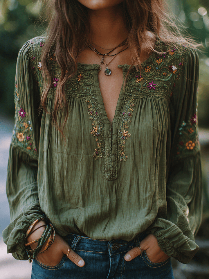 Floral embroidered cotton olive green shirt front view