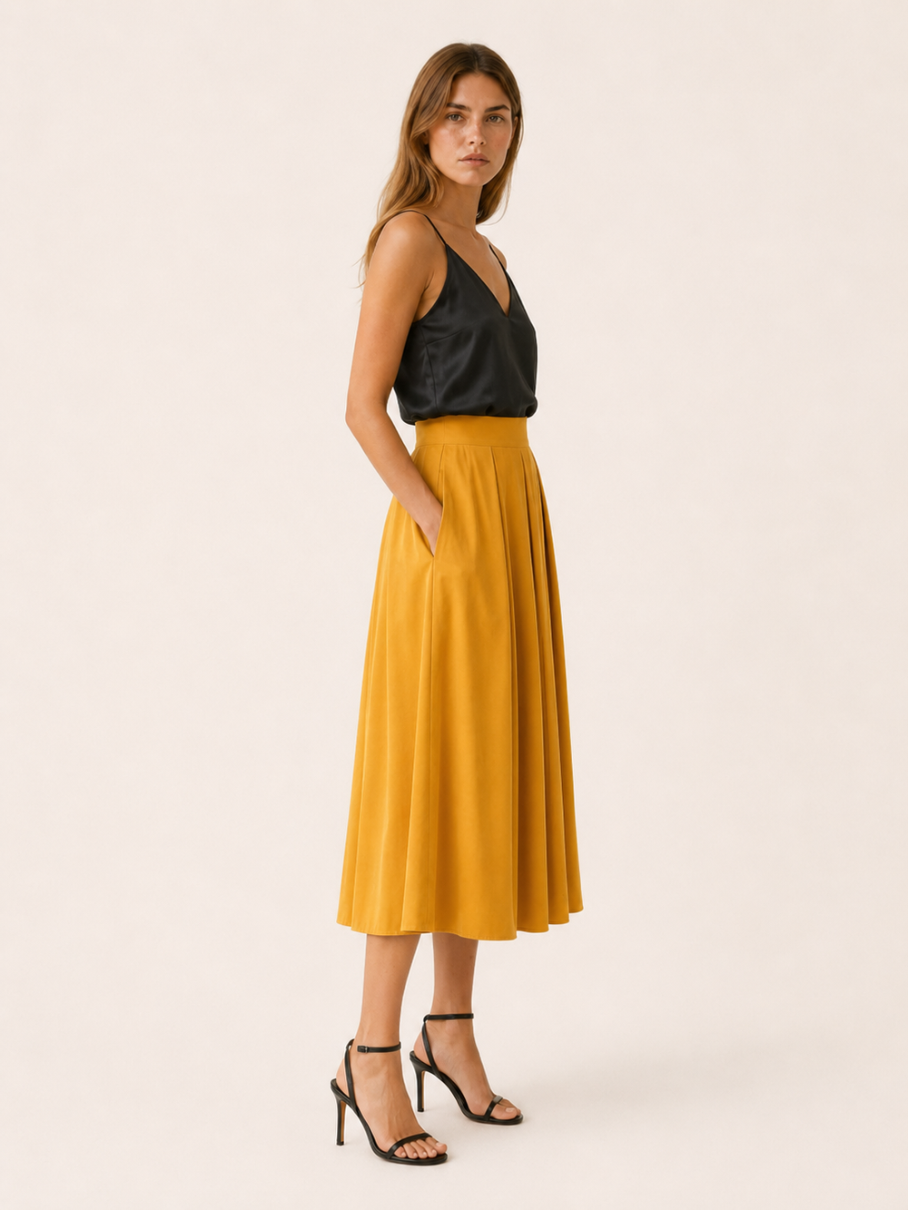 Black Pleated Midi Skirt with High Waist – side view