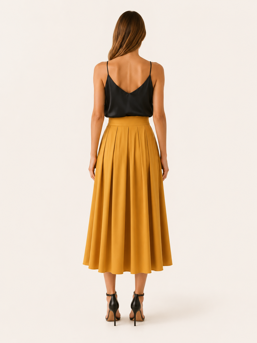 Yellow Pleated Midi Skirt with High Waist – back view