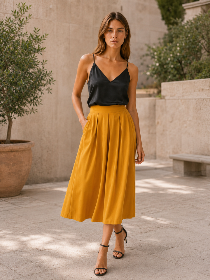 Yellow Pleated Midi Skirt with High Waist – close-up