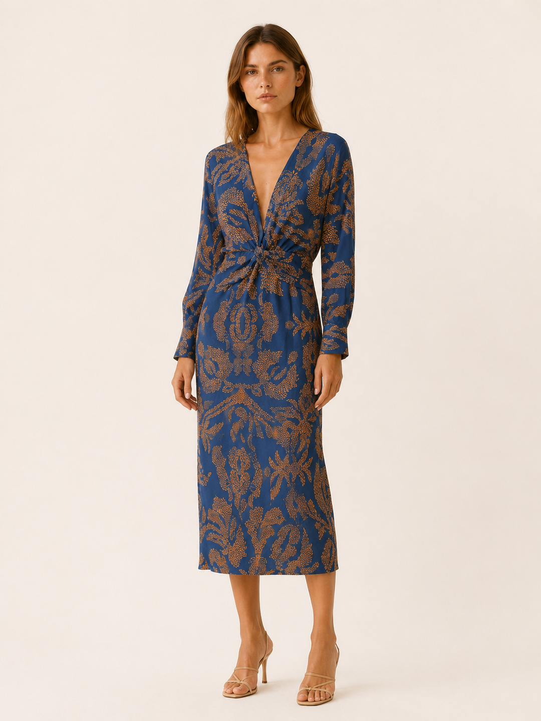 Blue Long Sleeve Midi Dress with Twist Front – detail view