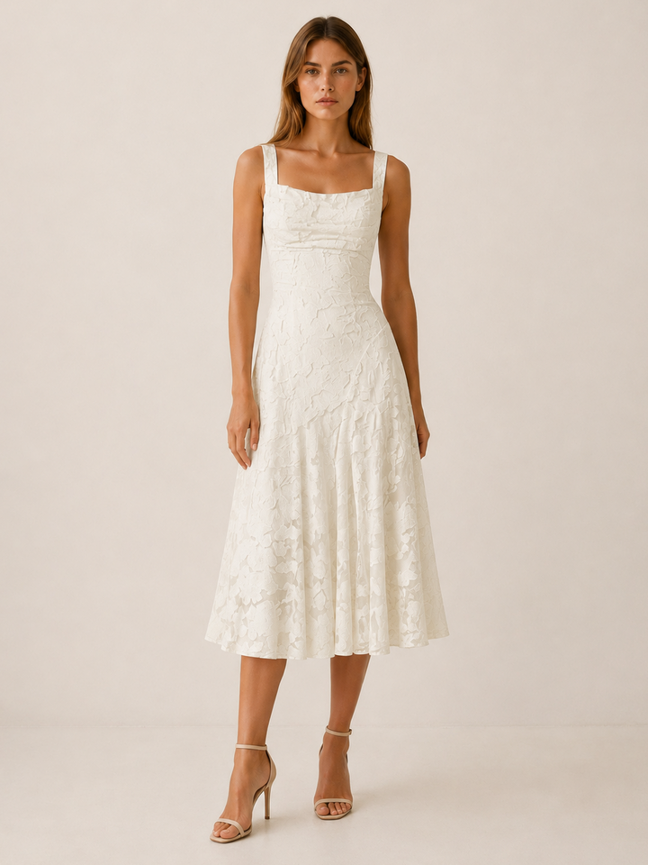 Ivory Floral Lace Midi Dress with Square Neckline – front view