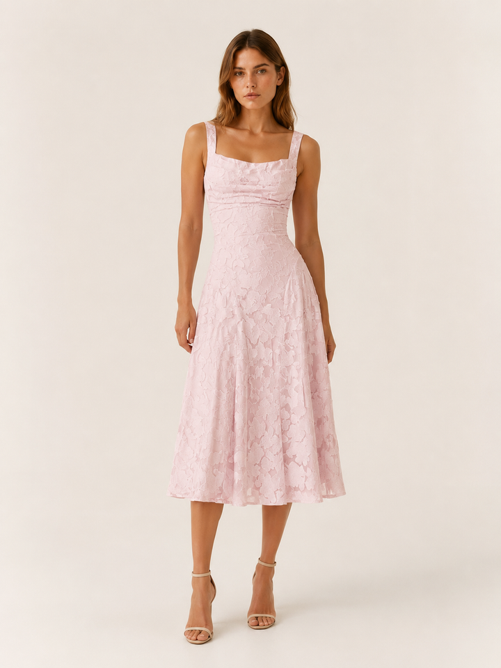 Pink Floral Lace Midi Dress with Square Neckline – detail view