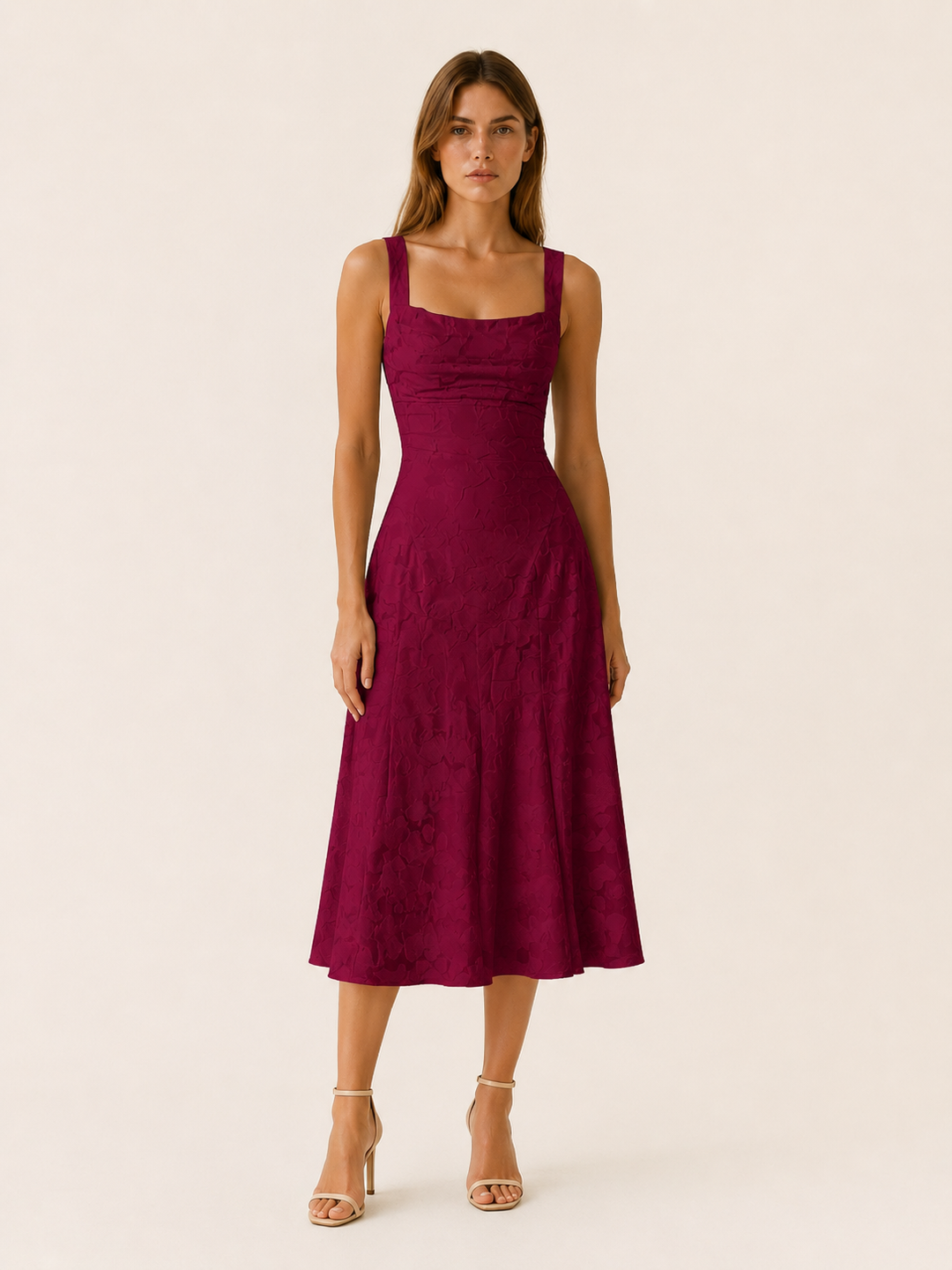 Ivory Floral Lace Midi Dress with Square Neckline – close-up