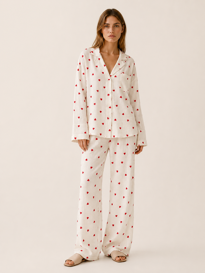 Bryony | Heart Print Pyjama Set with Button Shirt