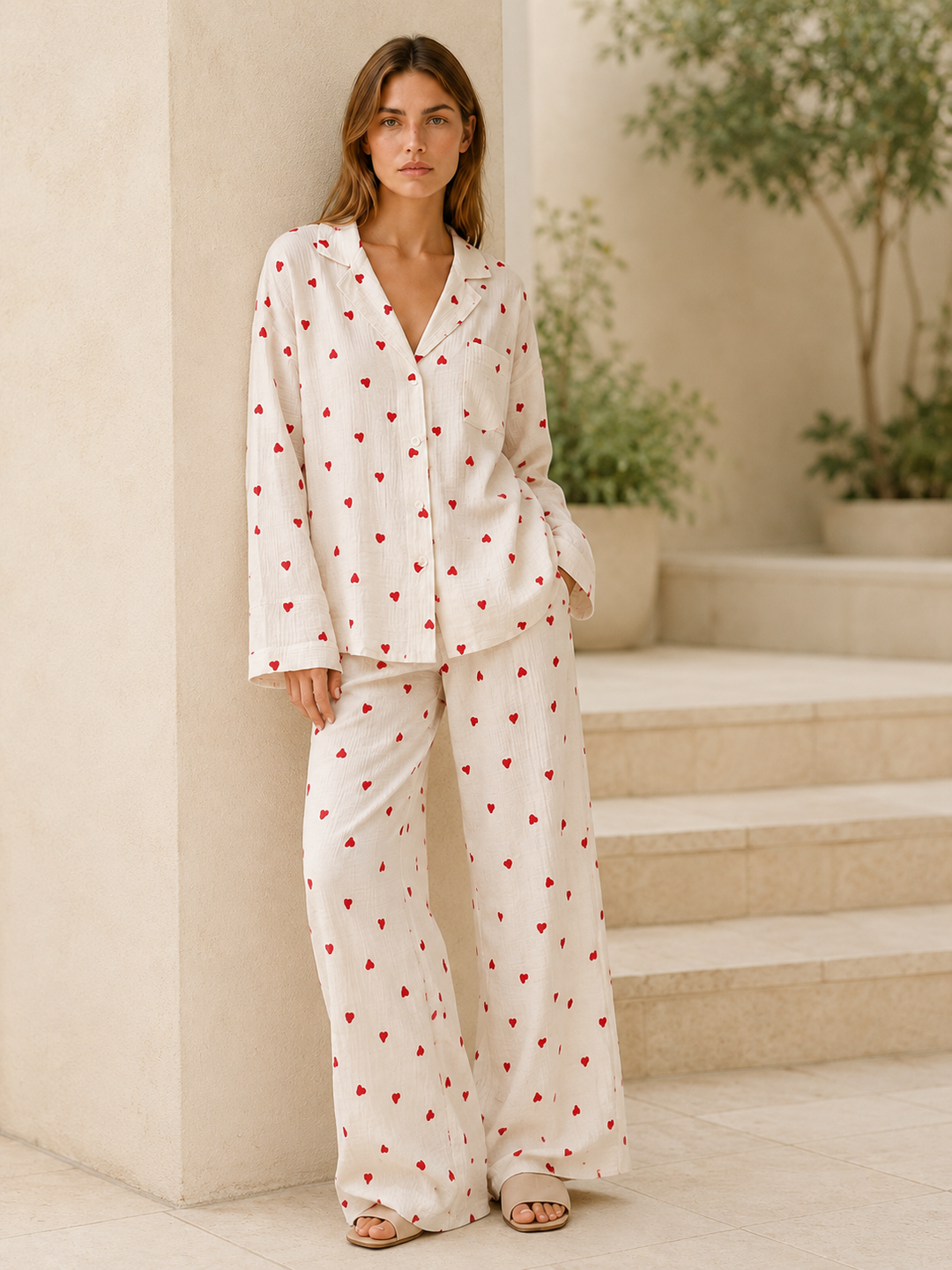 Bryony | Heart Print Pyjama Set with Button Shirt