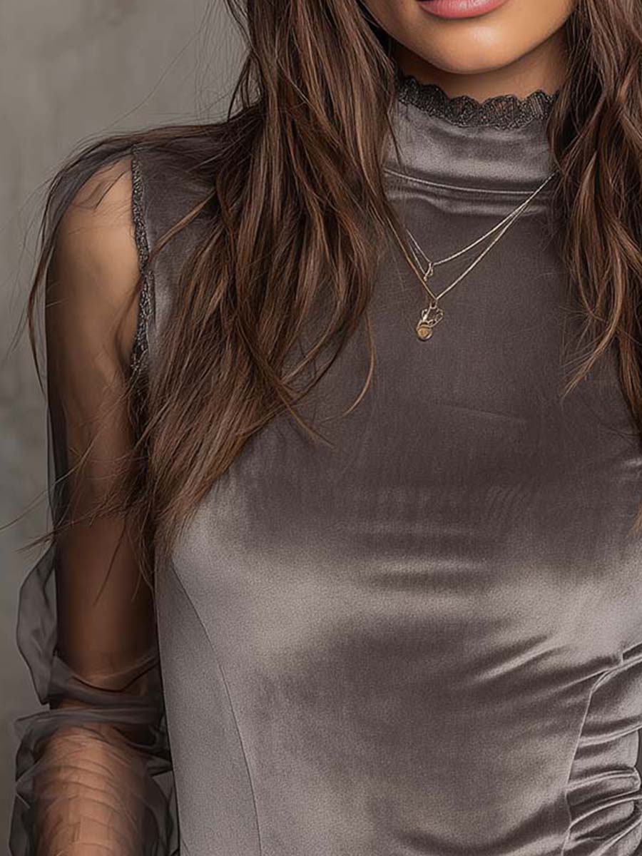Velvet mesh high-neck detail view