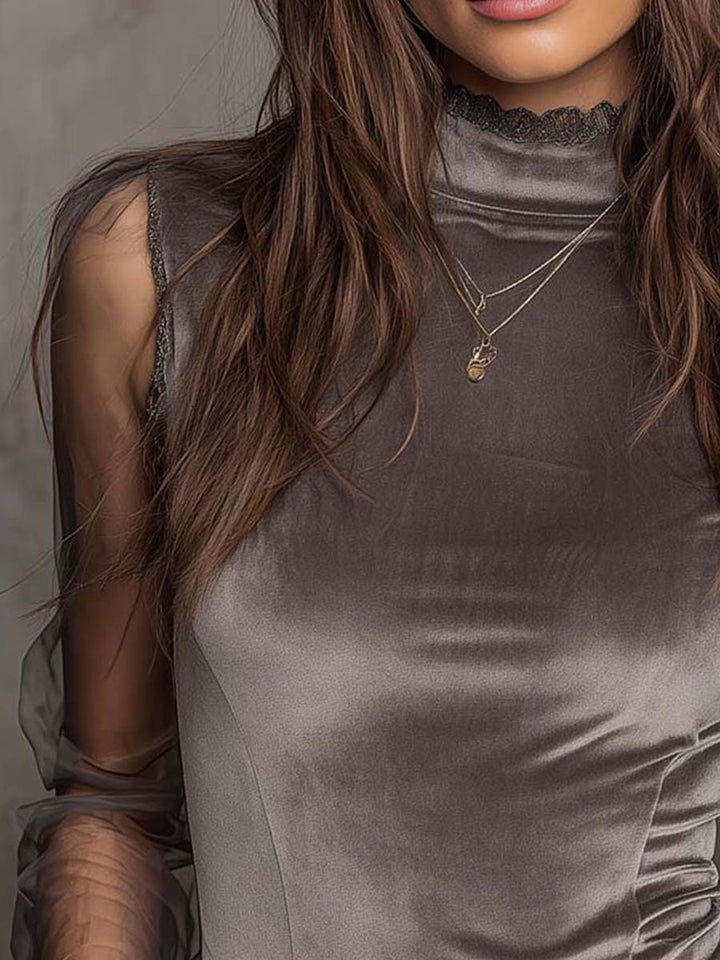 Velvet mesh high-neck detail view