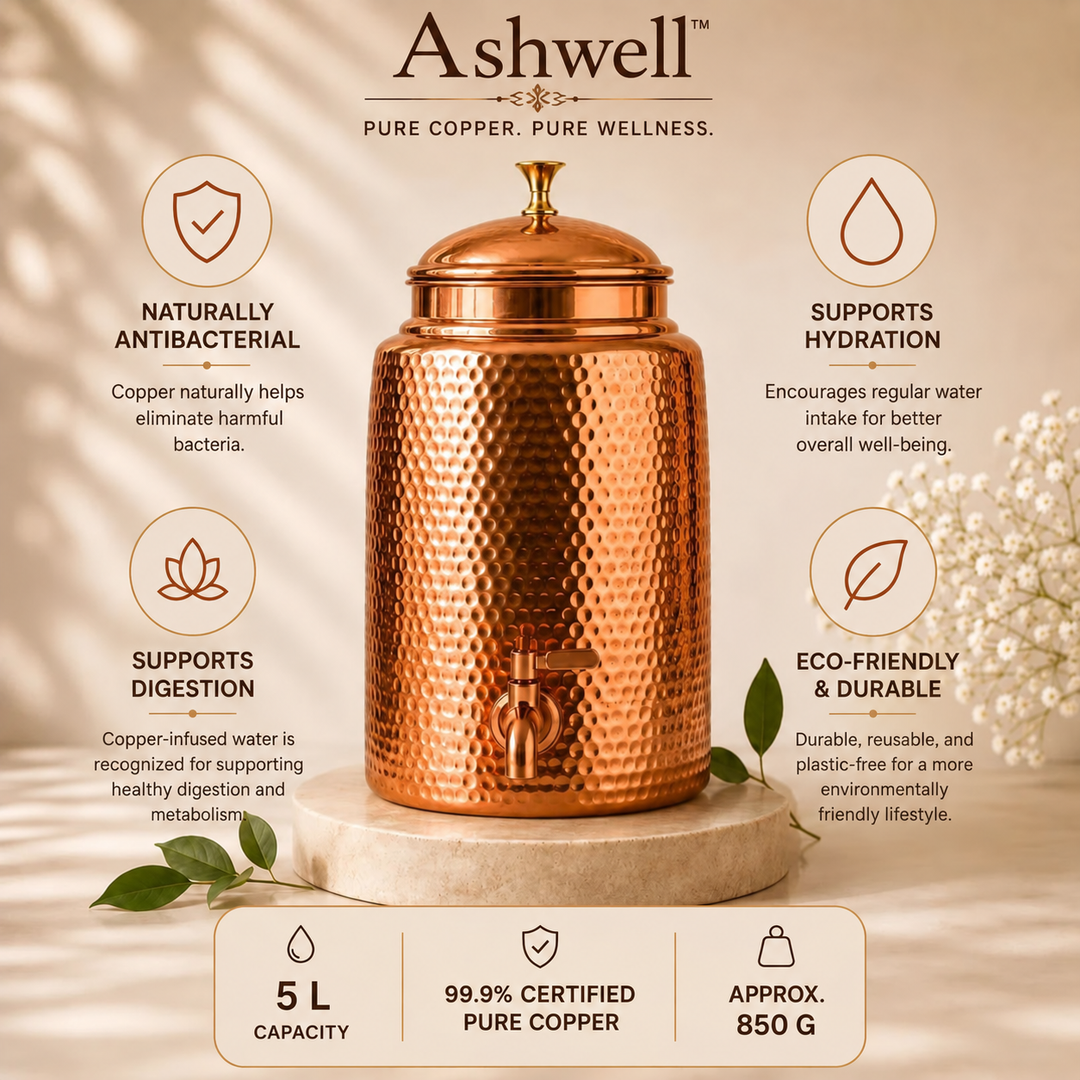 Close-up of the hammered texture and tap spigot on the copper water dispenser