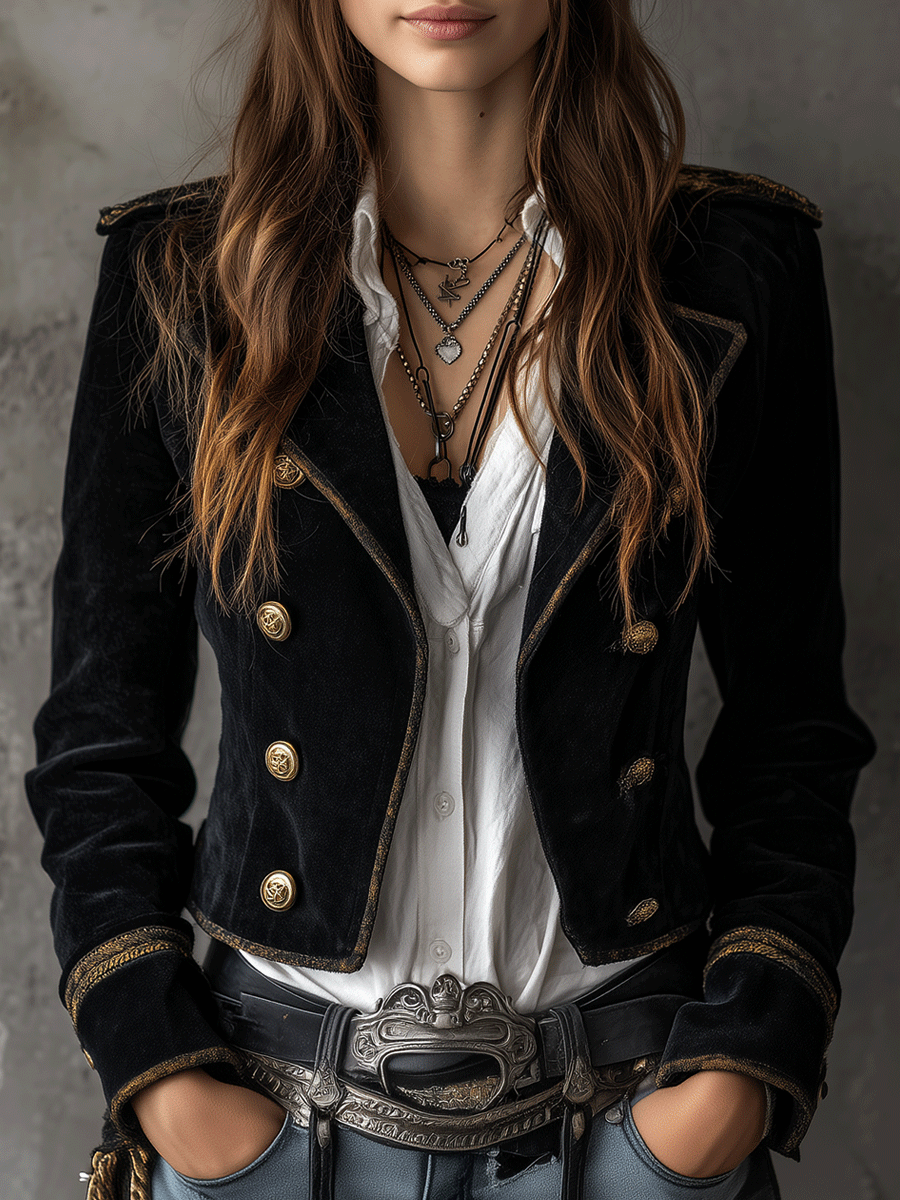 Retro black velvet military gold button blazer front view