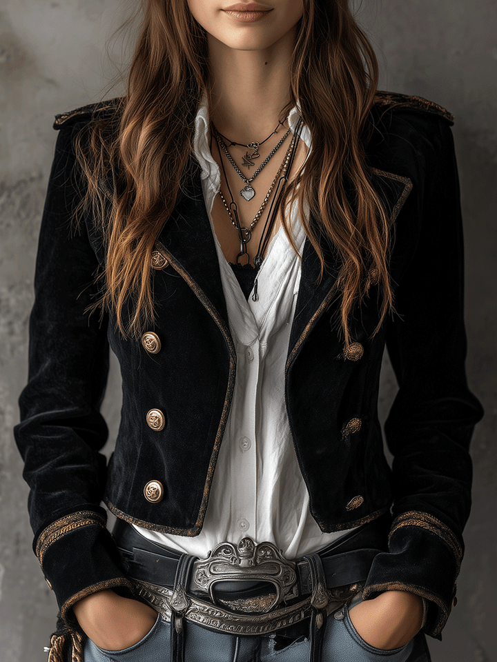 Retro black velvet military gold button blazer front view