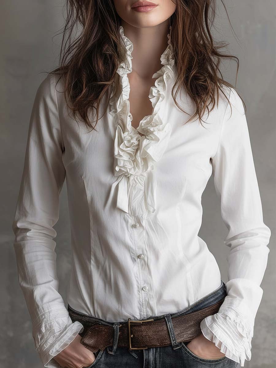 Vintage white ruffle trim blouse front view