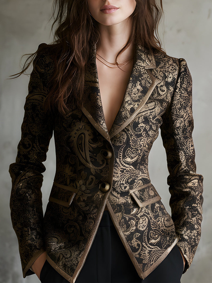 Quiet luxury paisley jacquard wrapped lapels fitted blazer front view