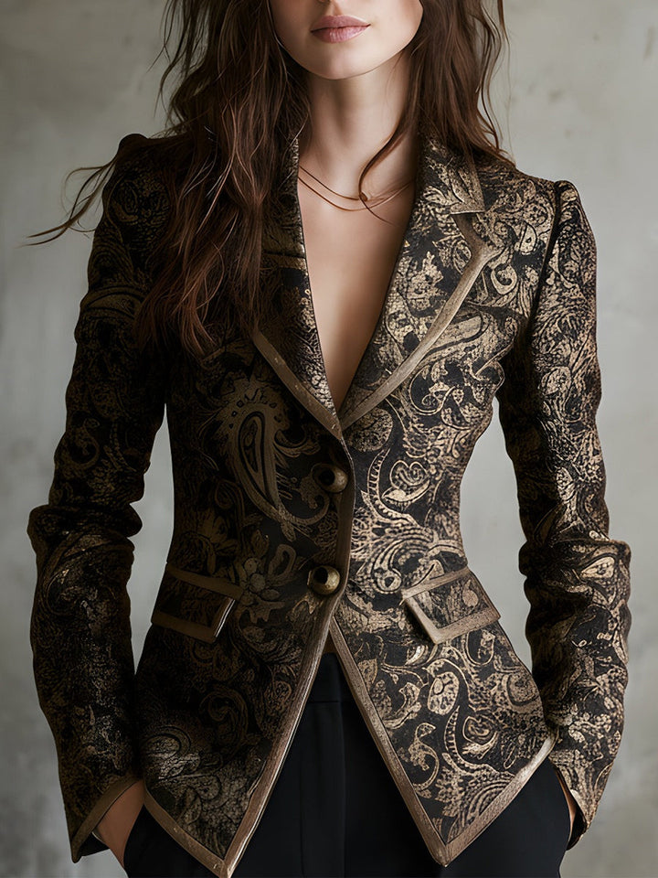 Quiet luxury paisley jacquard wrapped lapels fitted blazer front view
