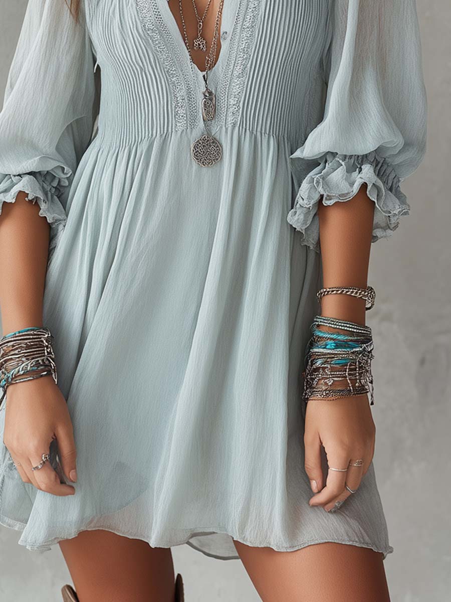 Retro chiffon ruffle cuffs mini dress styled look