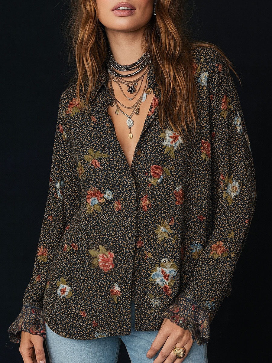 Retro floral print curved hem ruffled sleeves blouse front view