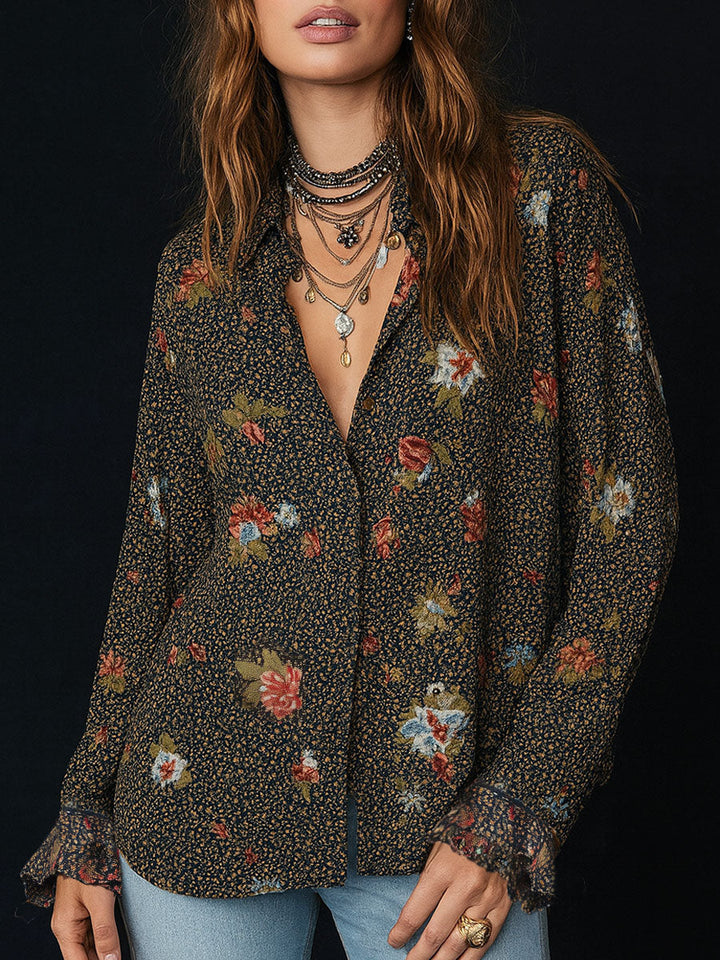 Retro floral print curved hem ruffled sleeves blouse front view