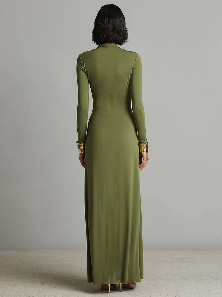 Olive Green Silk Maxi Dress — side view