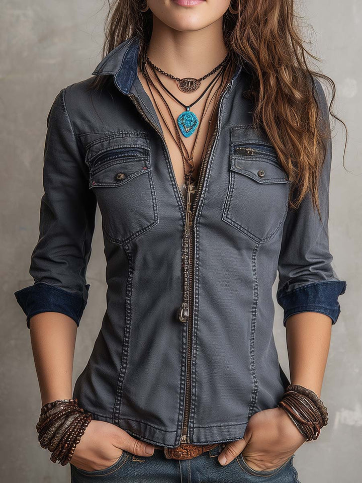 Vintage washed zip-up long sleeve denim shirt front view