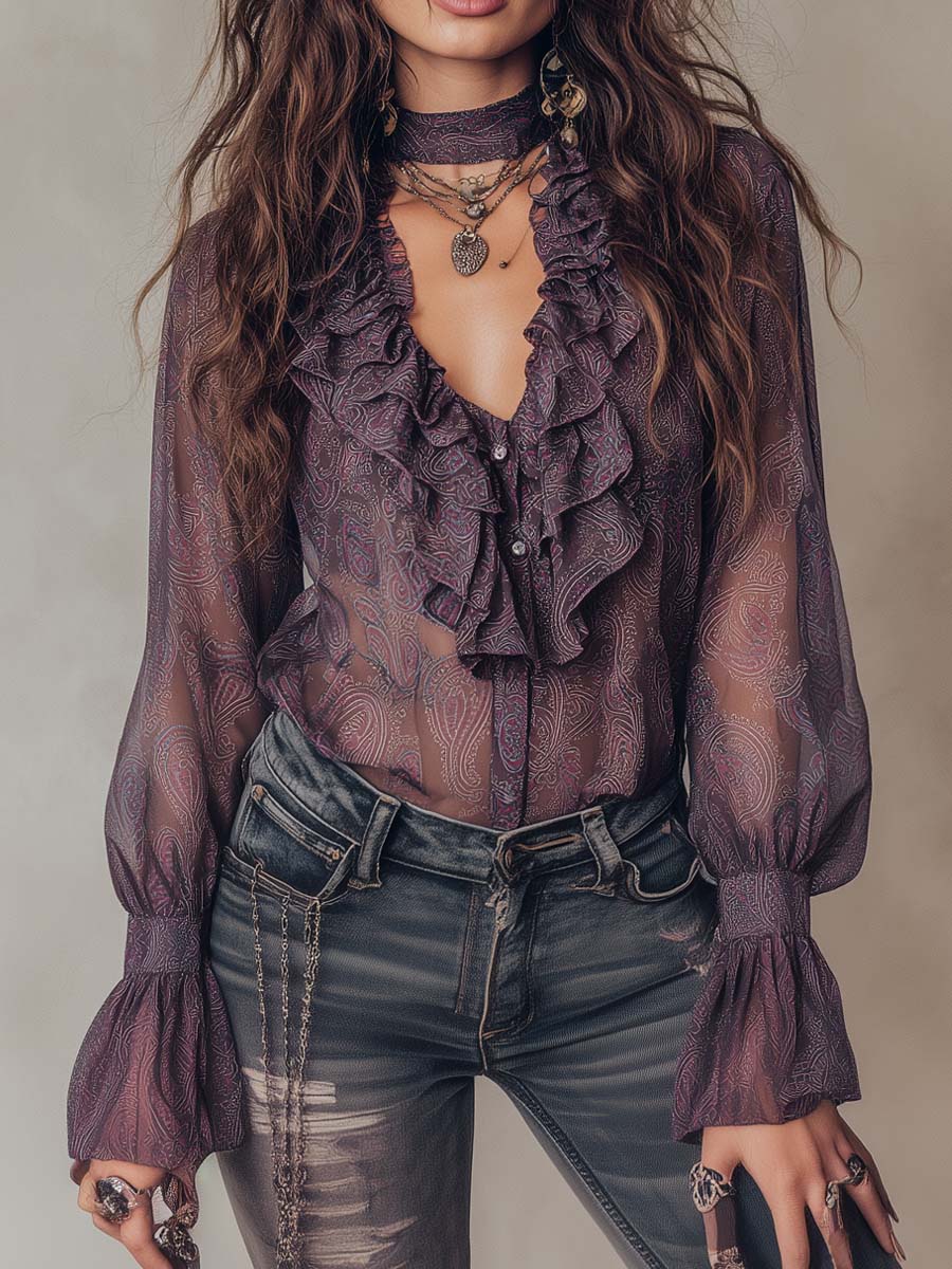 Vintage paisley print ruffled collar chiffon blouse front view