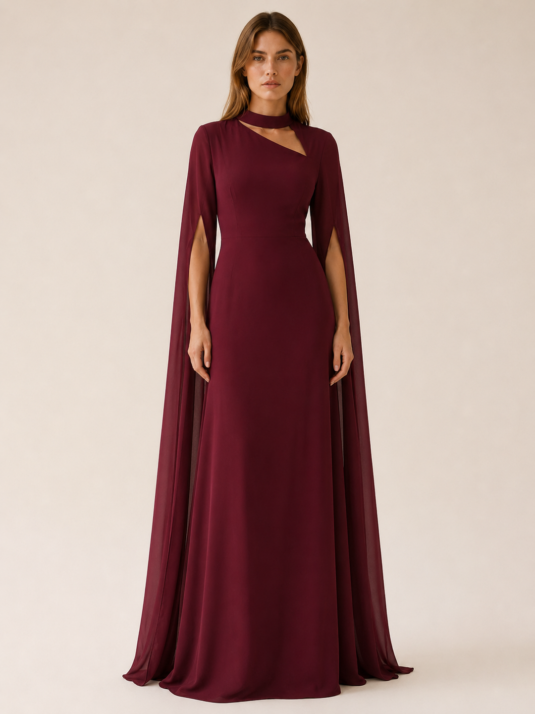 Wine Red Chiffon Maxi Dress with Cape Sleeves – front view