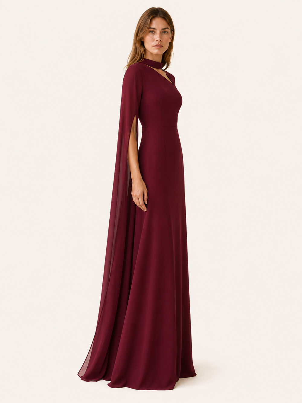 Wine Red Chiffon Maxi Dress with Cape Sleeves – side view