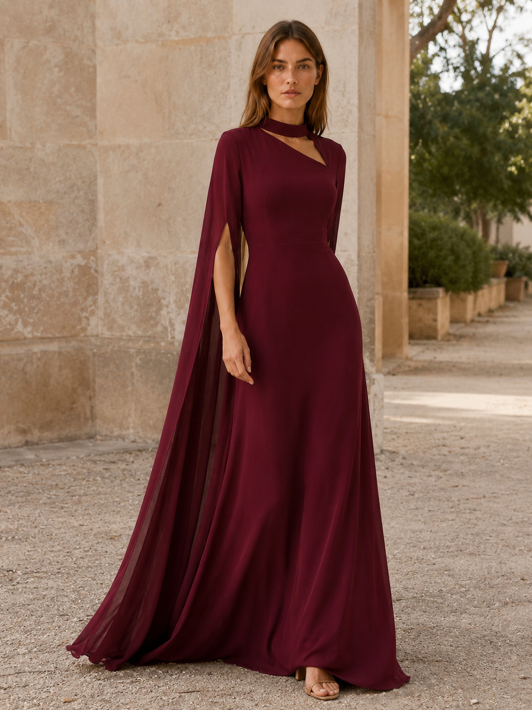 Wine Red Chiffon Maxi Dress with Cape Sleeves – close-up