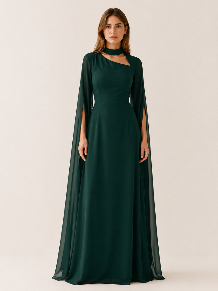 Wine Red Chiffon Maxi Dress with Cape Sleeves – full length view