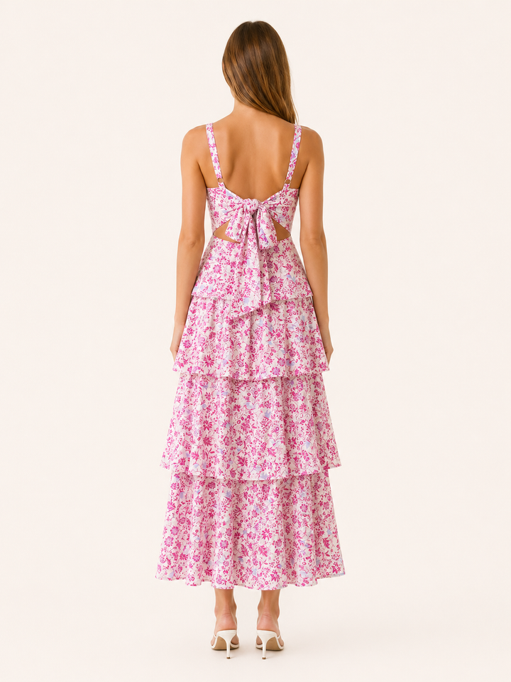 Pink Floral Maxi Dress with Tiered Skirt – side view