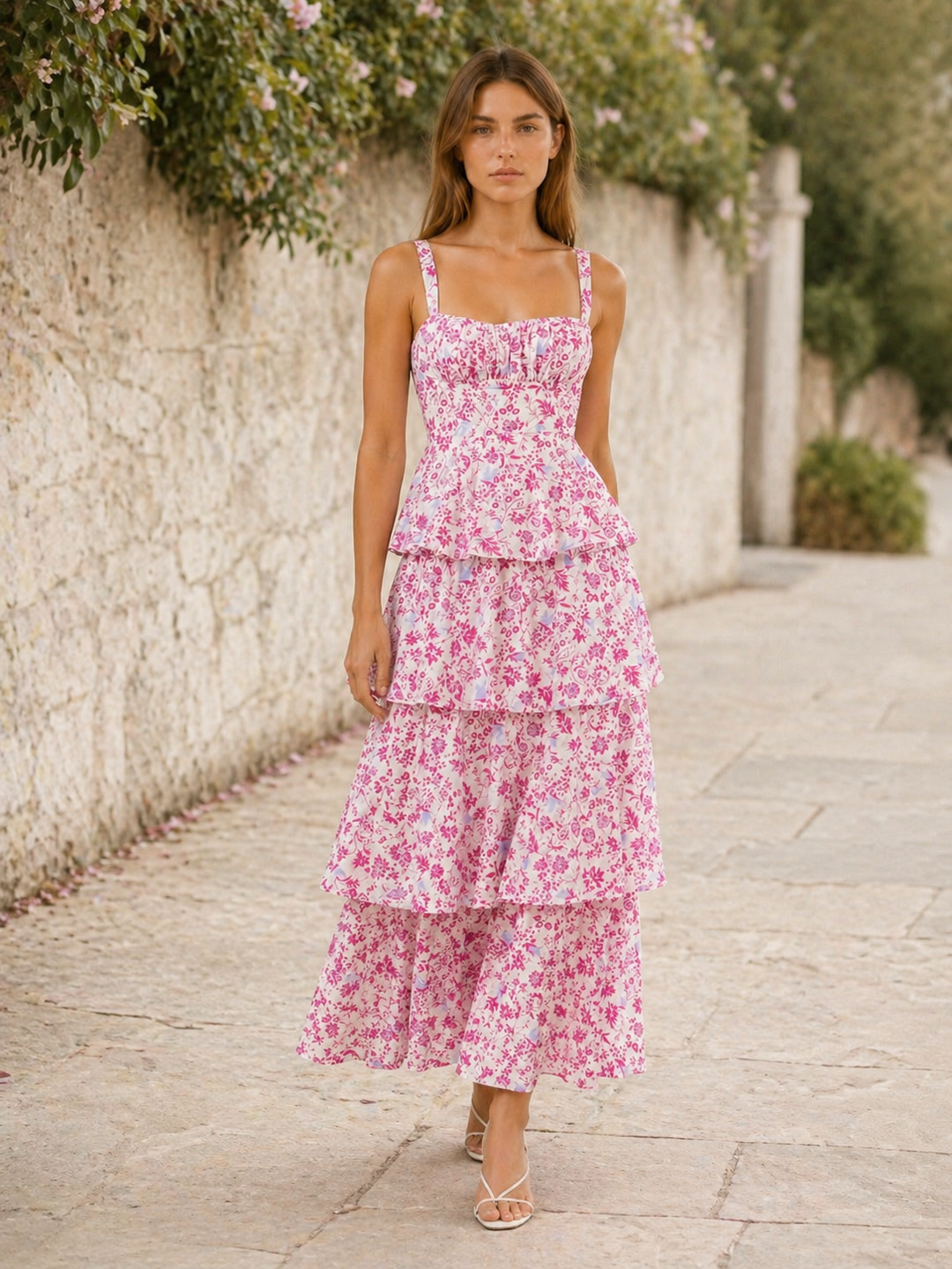 Pink Floral Maxi Dress with Tiered Skirt – back view
