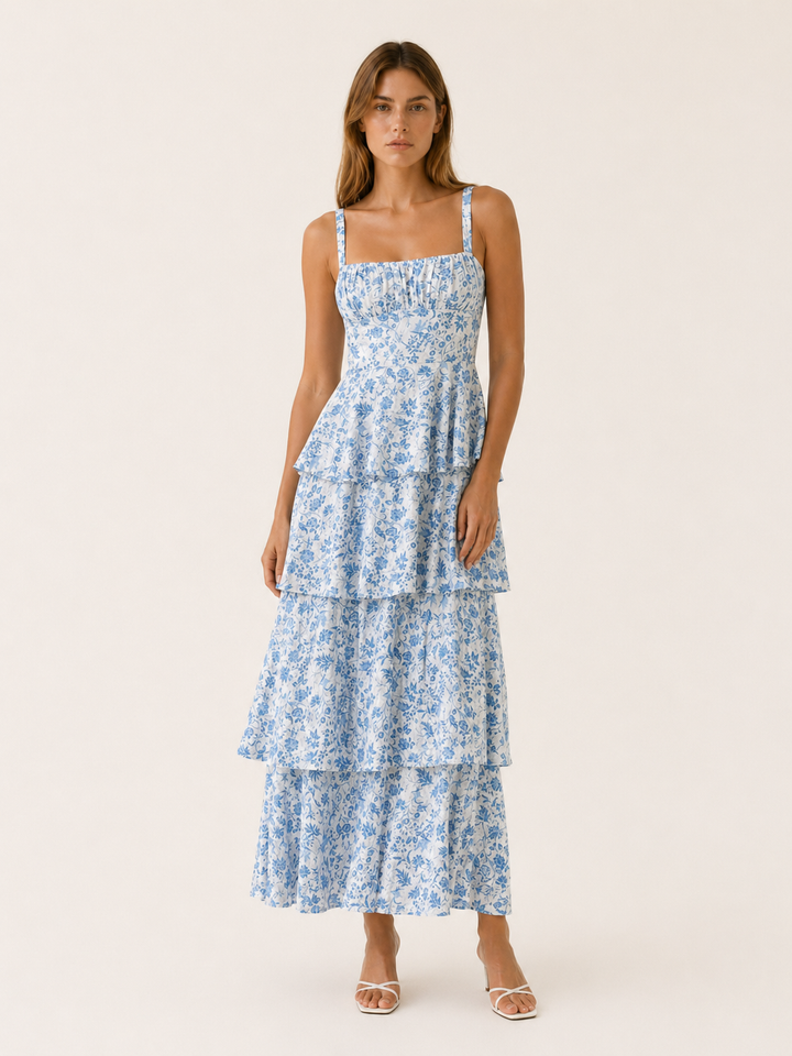 Pink Floral Maxi Dress with Tiered Skirt – detail view