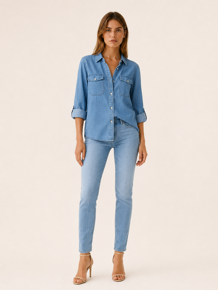 Blue Denim Shirt with Button Front and Chest Pockets – front view