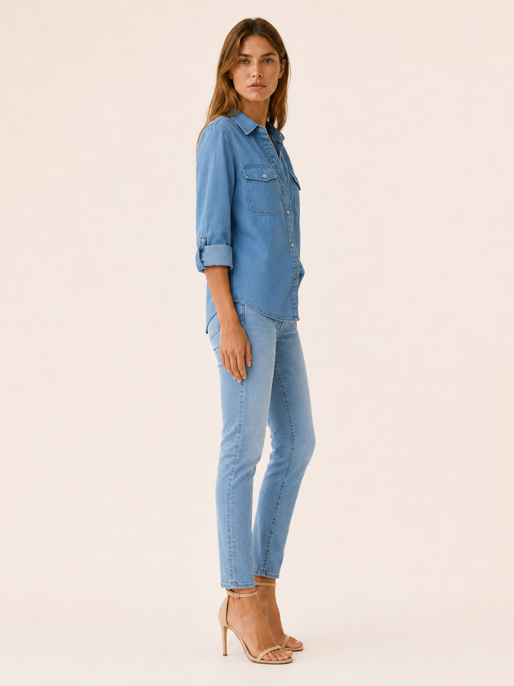 Light Blue Denim Shirt with Button Front and Chest Pockets – side view
